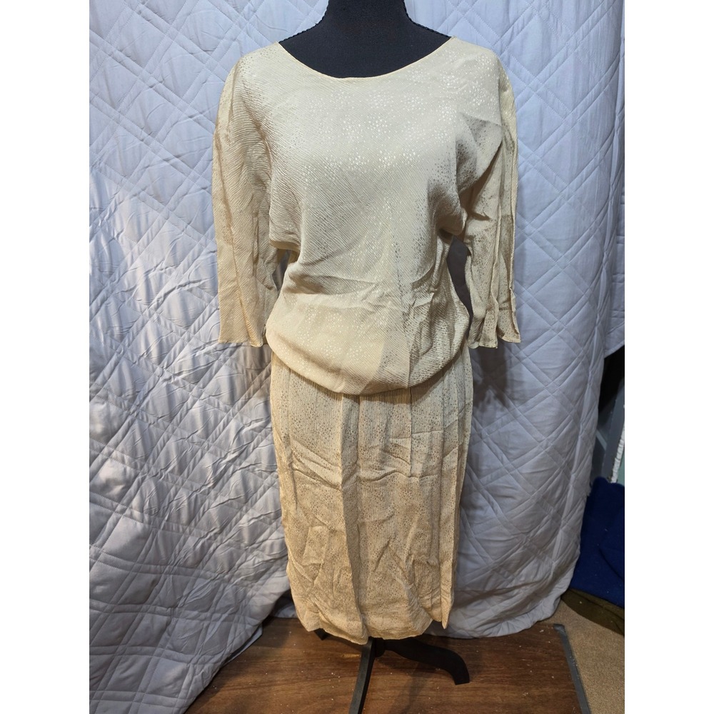 Don Wolf Vintage 2 Piece Skirt Set Champagne Metallic Shimmer Textured Beige